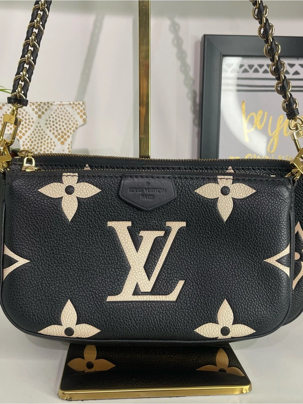 Louis Vuitton Black & Cream Large Monogram Chain Pochette